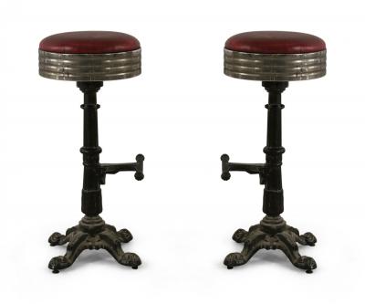 Mid Century American Red Vinyl and Cast Metal Bar Stools