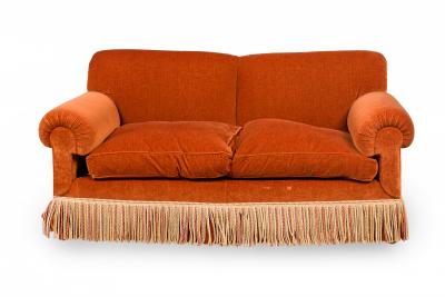 Mid Century American Rust Velvet Upholstered Two Seater Fringed Sofa