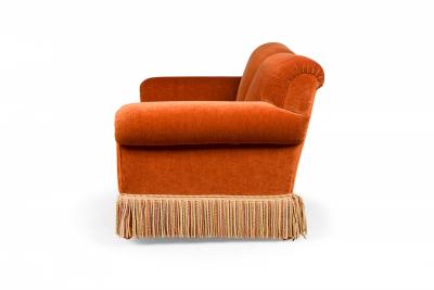 Mid Century American Rust Velvet Upholstered Two Seater Fringed Sofa