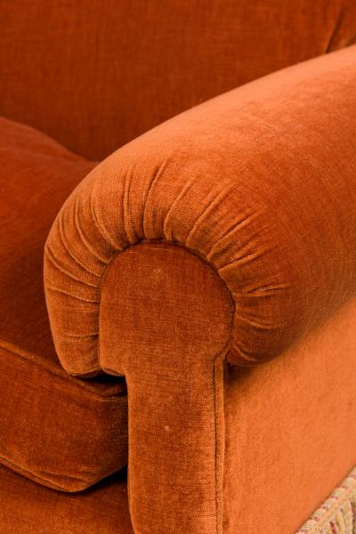 Mid Century American Rust Velvet Upholstered Two Seater Fringed Sofa