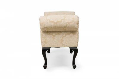 Mid Century American Scroll Arm Upholstered Bench with Beige Damask Floral Uphol
