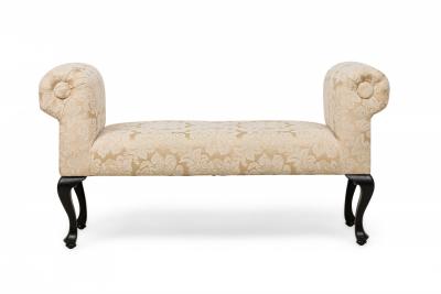 Mid Century American Scroll Arm Upholstered Bench with Beige Damask Floral Uphol