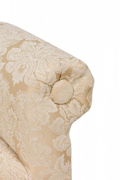 Mid Century American Scroll Arm Upholstered Bench with Beige Damask Floral Uphol