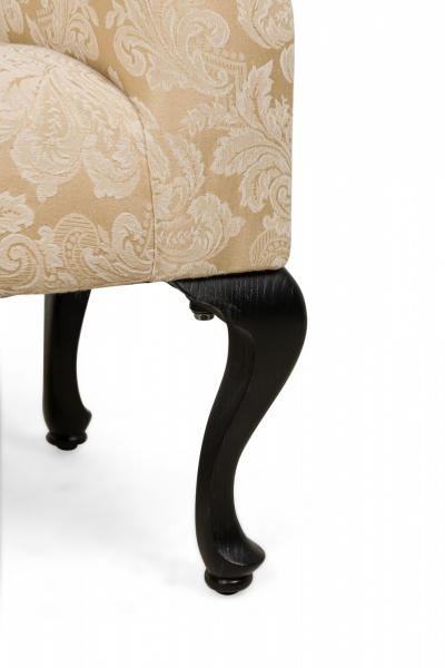 Mid Century American Scroll Arm Upholstered Bench with Beige Damask Floral Uphol