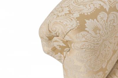 Mid Century American Scroll Arm Upholstered Bench with Beige Damask Floral Uphol