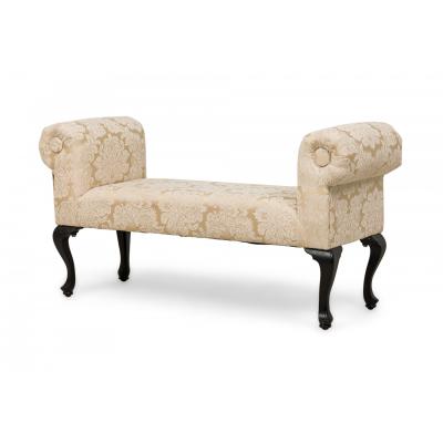 Mid Century American Scroll Arm Upholstered Bench with Beige Damask Floral Uphol
