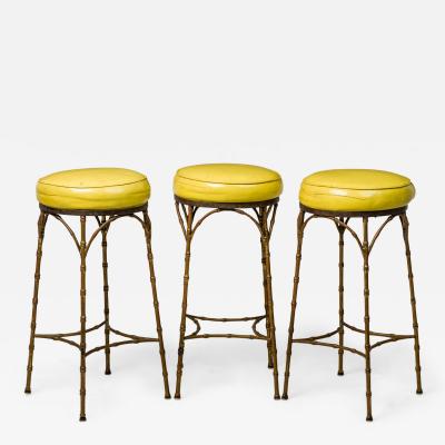Mid Century American Yellow Leather and Brass Faux Bamboo Bar Stools