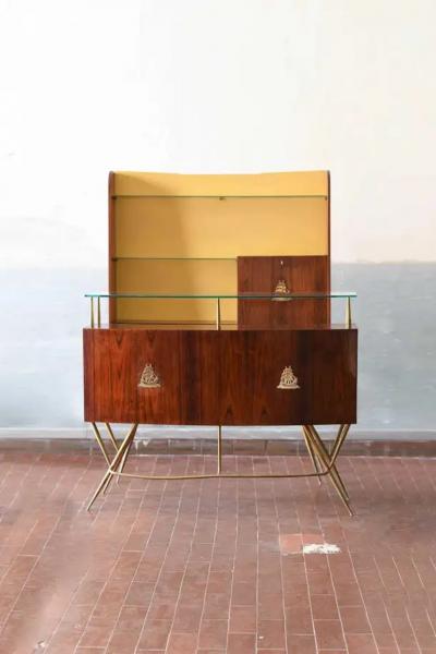 Mid Century Bar Counter in wood brass and glass Italian artisan production 