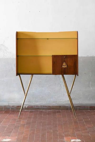 Mid Century Bar Counter in wood brass and glass Italian artisan production 