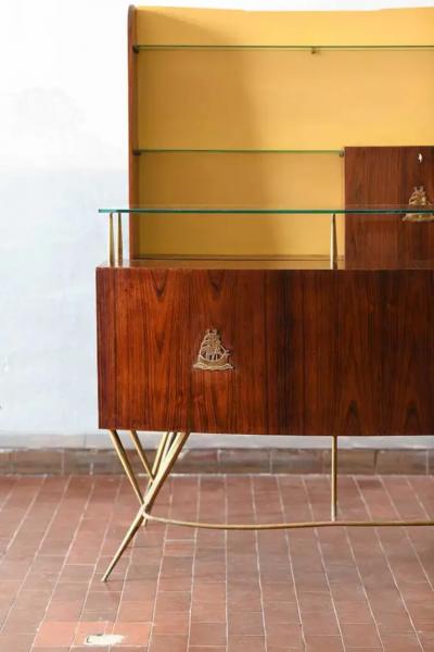Mid Century Bar Counter in wood brass and glass Italian artisan production 