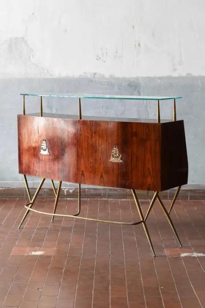 Mid Century Bar Counter in wood brass and glass Italian artisan production 