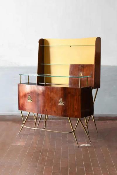Mid Century Bar Counter in wood brass and glass Italian artisan production 