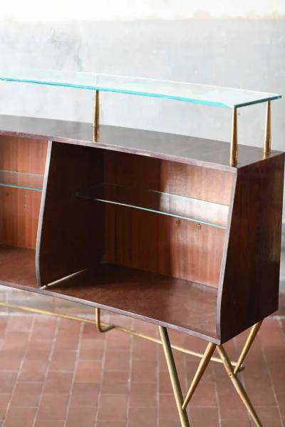 Mid Century Bar Counter in wood brass and glass Italian artisan production 