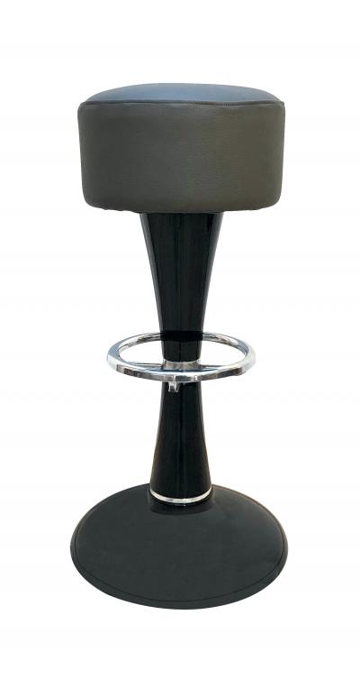 Mid Century Bar Stools Black Lacquered and Chromed Grey Leather France 1950s