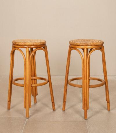 Mid Century Bentwood and Rattan Bar with Pair of Stools