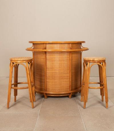 Mid Century Bentwood and Rattan Bar with Pair of Stools