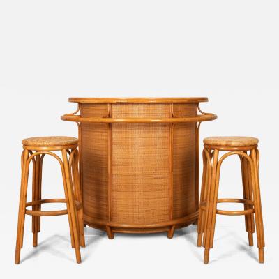 Mid Century Bentwood and Rattan Bar with Pair of Stools