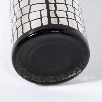 Mid Century Black Glass Vase with Sterling Silver Overlay Crocodile Motif
