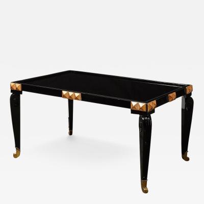 Mid Century Black Lacquer Gilt Wood Brass Cocktail Table w Vitrolite Top