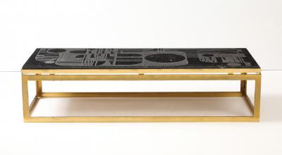 Mid Century Bluestone Coffee Table Geometric Relief Design Belgium 1960