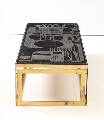 Mid Century Bluestone Coffee Table Geometric Relief Design Belgium 1960