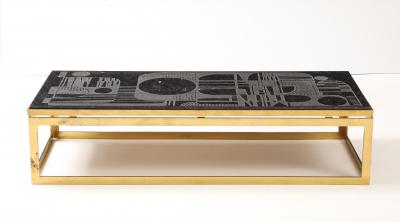 Mid Century Bluestone Coffee Table Geometric Relief Design Belgium 1960