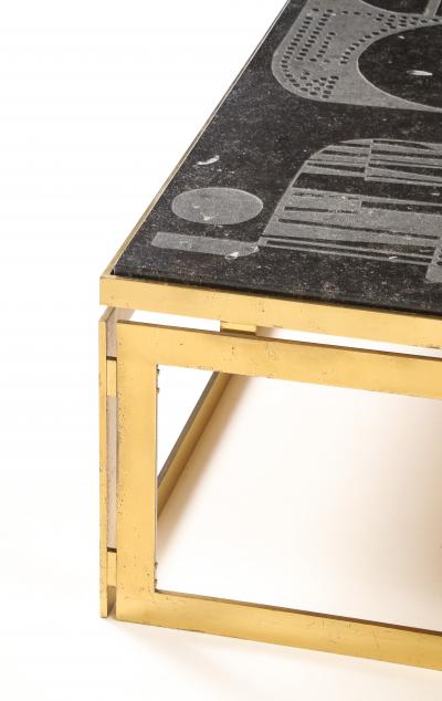 Mid Century Bluestone Coffee Table Geometric Relief Design Belgium 1960