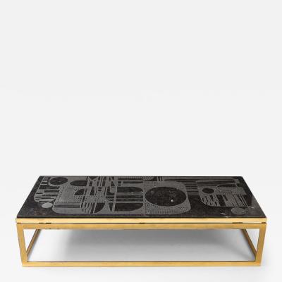 Mid Century Bluestone Coffee Table Geometric Relief Design Belgium 1960