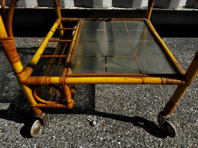 Mid Century Boho Chic Tiki Bamboo and Glass 2 Tier Rolling Bar Cart