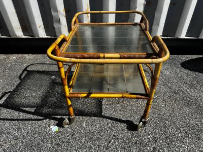 Mid Century Boho Chic Tiki Bamboo and Glass 2 Tier Rolling Bar Cart