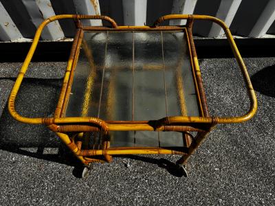 Mid Century Boho Chic Tiki Bamboo and Glass 2 Tier Rolling Bar Cart