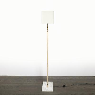 Mid Century Brass Arch Floor Lamp w Textured Glass Medallion White Marble