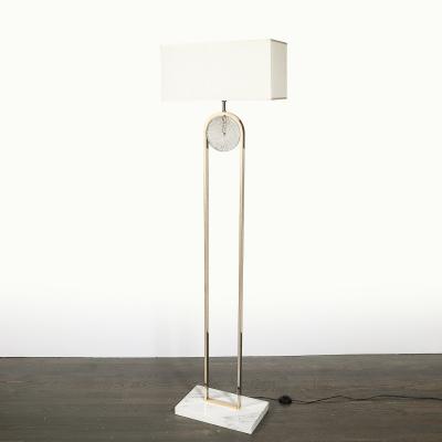 Mid Century Brass Arch Floor Lamp w Textured Glass Medallion White Marble