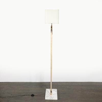 Mid Century Brass Arch Floor Lamp w Textured Glass Medallion White Marble