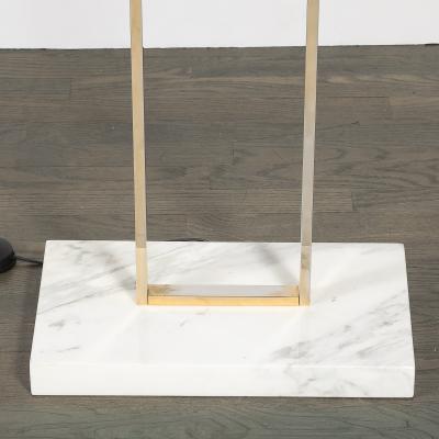 Mid Century Brass Arch Floor Lamp w Textured Glass Medallion White Marble