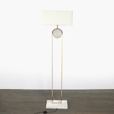 Mid Century Brass Arch Floor Lamp w Textured Glass Medallion White Marble