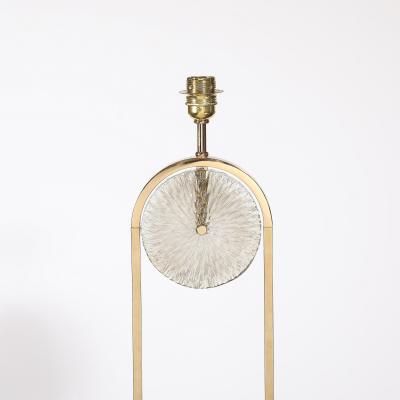 Mid Century Brass Arch Floor Lamp w Textured Glass Medallion White Marble