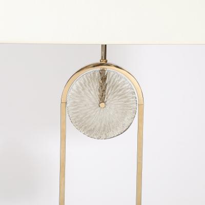 Mid Century Brass Arch Floor Lamp w Textured Glass Medallion White Marble