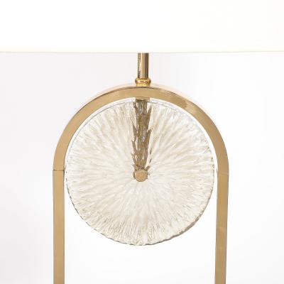 Mid Century Brass Arch Floor Lamp w Textured Glass Medallion White Marble