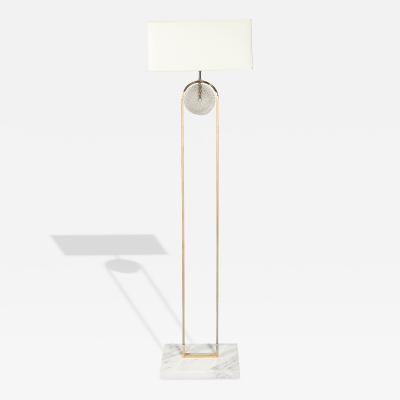 Mid Century Brass Arch Floor Lamp w Textured Glass Medallion White Marble