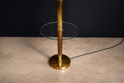 Mid Century Brass Floor Lamp with Integrated Glass Shelf and Pleated Shade