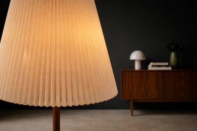 Mid Century Brass Floor Lamp with Integrated Glass Shelf and Pleated Shade