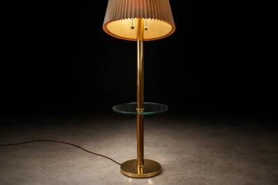 Mid Century Brass Floor Lamp with Integrated Glass Shelf and Pleated Shade