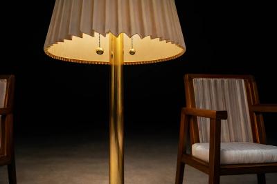 Mid Century Brass Floor Lamp with Integrated Glass Shelf and Pleated Shade