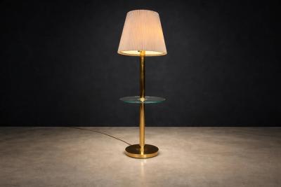 Mid Century Brass Floor Lamp with Integrated Glass Shelf and Pleated Shade