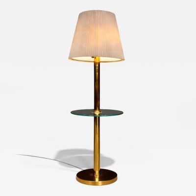 Mid Century Brass Floor Lamp with Integrated Glass Shelf and Pleated Shade