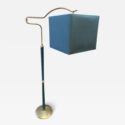 Mid Century Brass Floor Lamp with Teal Fabric Shade