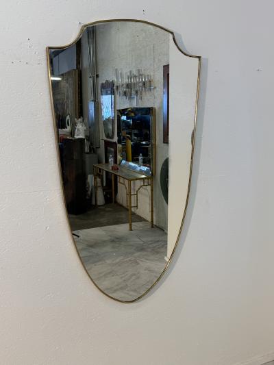 Mid Century Brass Framed Shield Form Wall Mirror