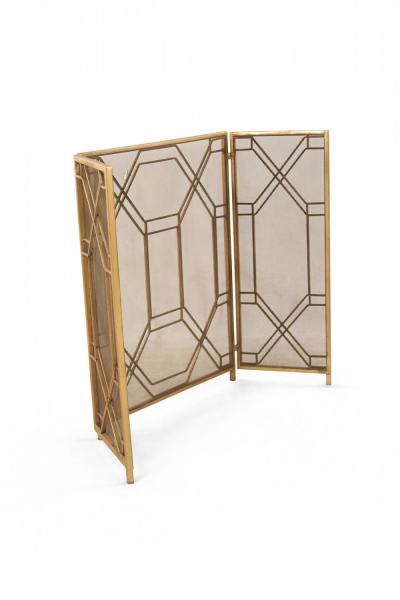 Mid Century Brass Framed Tri Fold Fire Screen