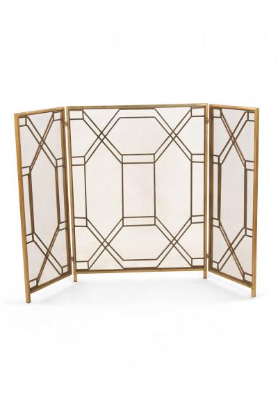 Mid Century Brass Framed Tri Fold Fire Screen
